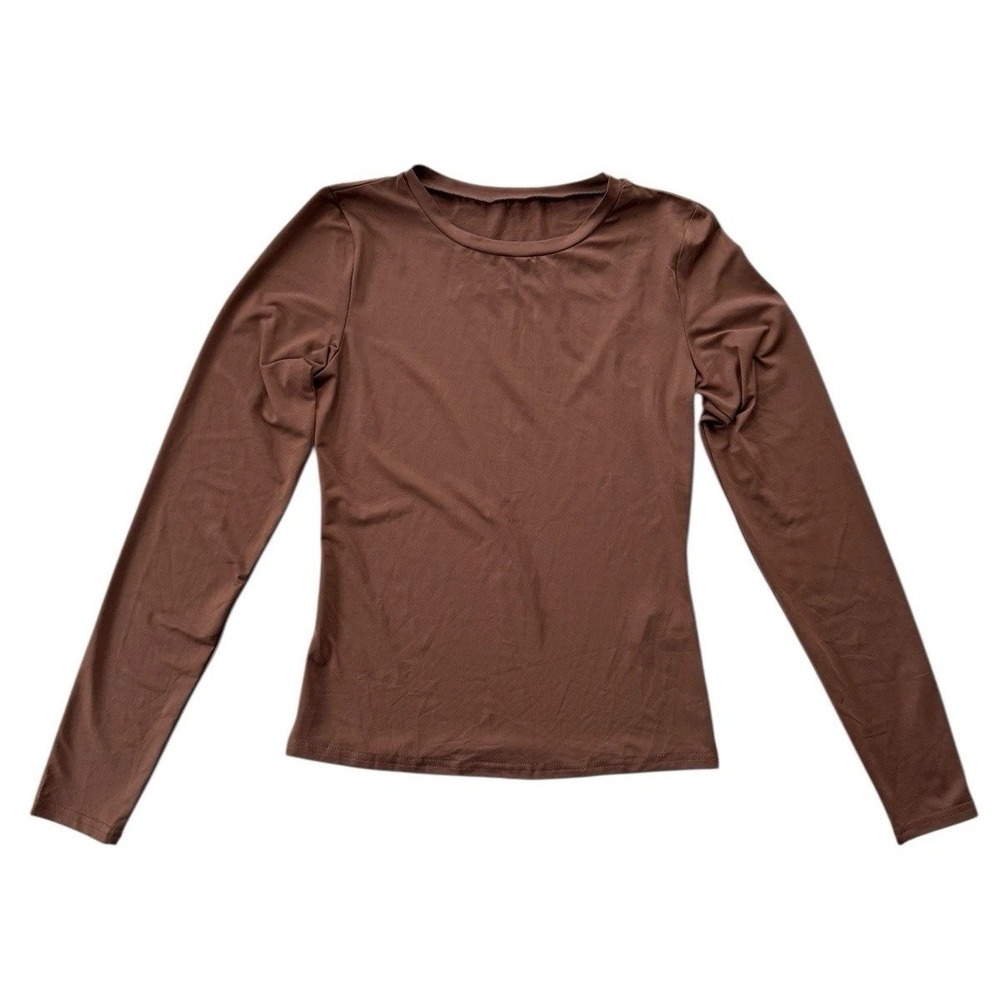 NWOT Stretch Long Sleeve Fitted Crew Neck Top Y2K‎ Brown Basic Tee Women's M